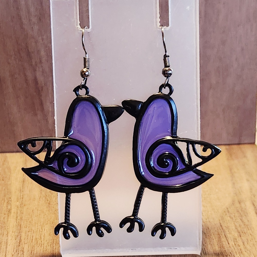 Purple Black Bird Crow Raven Drop Earrings Statement Folk Art Dangle 2.25"